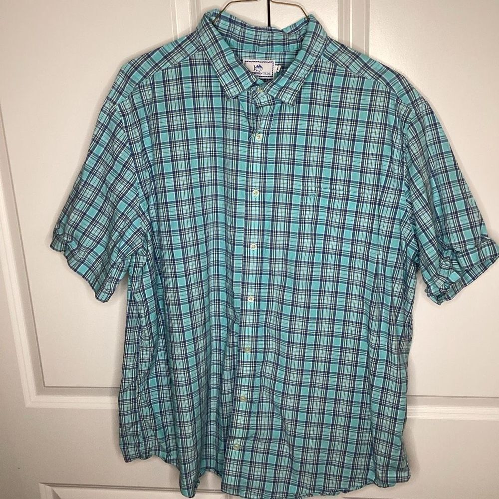 Mens Southern Tide Linen blend Plaid short sleeved button up‎ 2XL
